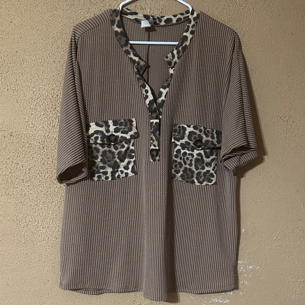 Leopard Accent Brown Blouse